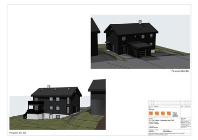 3D-visualisering av en bolig med to perspektiver (Nord-Øst og Sør-Øst).