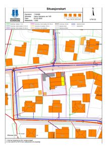 Situasjonskart som viser eiendomsgrenser, naboeiendommer og infrastruktur i Drammen kommune.