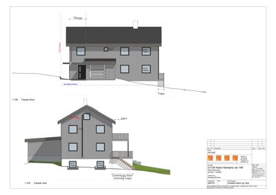Fasadetegning som viser bygningens utseende fra nord og vest, inkludert tilbygg og trapp.