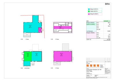 Etasjeplaner for en bygning med flere boliger, som viser romfordeling og arealer for 1. etasje, 2. etasje, 3. etasje og underetasje.