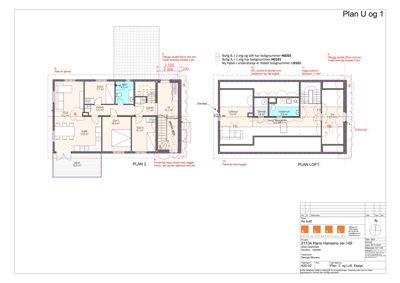 Etasjeplaner (Plan 2 og Plan Loft) med romfordeling, mål og bolignummer.