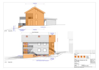 Fasadetegning som viser etasjer og høyder for en bygning.