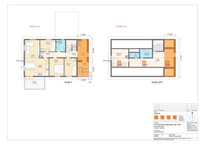 Bildet viser etasjeplaner (PLAN 2 og PLAN LOFT) med romfordeling, mål og areal for en bolig.