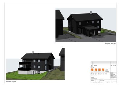 Bildet viser 3D-visualiseringer (renderinger) av et planlagt hus sett fra to ulike vinkler.