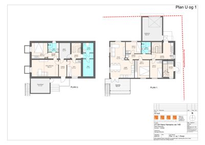 Etasjeplan (Plan U og 1) som viser romfordeling, arealer og funksjoner i et hus.