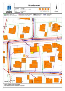 Situasjonskart som viser eiendomsnummer, adresse, naboeiendommer og bygningers plassering i forhold til veier.