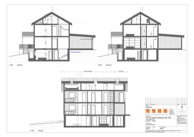 Bildet viser tre snittegninger (Snitt A1, A2 og B) av en bolig, som illustrerer bygningens indre struktur, romfordeling og høyder.