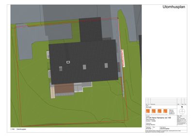 Situasjonsplan som viser bygningens plassering på tomten i forhold til naboeiendommer og veggrenser.