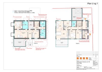 Etasjeplan (Plan U og 1) som viser romfordeling, størrelser og bygningsstruktur.