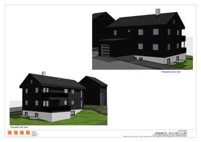 3D-visualisering av et planlagt hus sett fra flere vinkler (Nord Vest og Sør Vest).