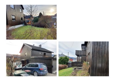 En collage av tre fotografier som viser en mørk trehuset sett fra ulike vinkler, inkludert bakgård og sidevegg.