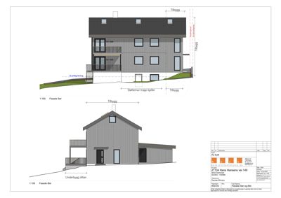Fasadetegning som viser bygningens utseende fra sør og øst.
