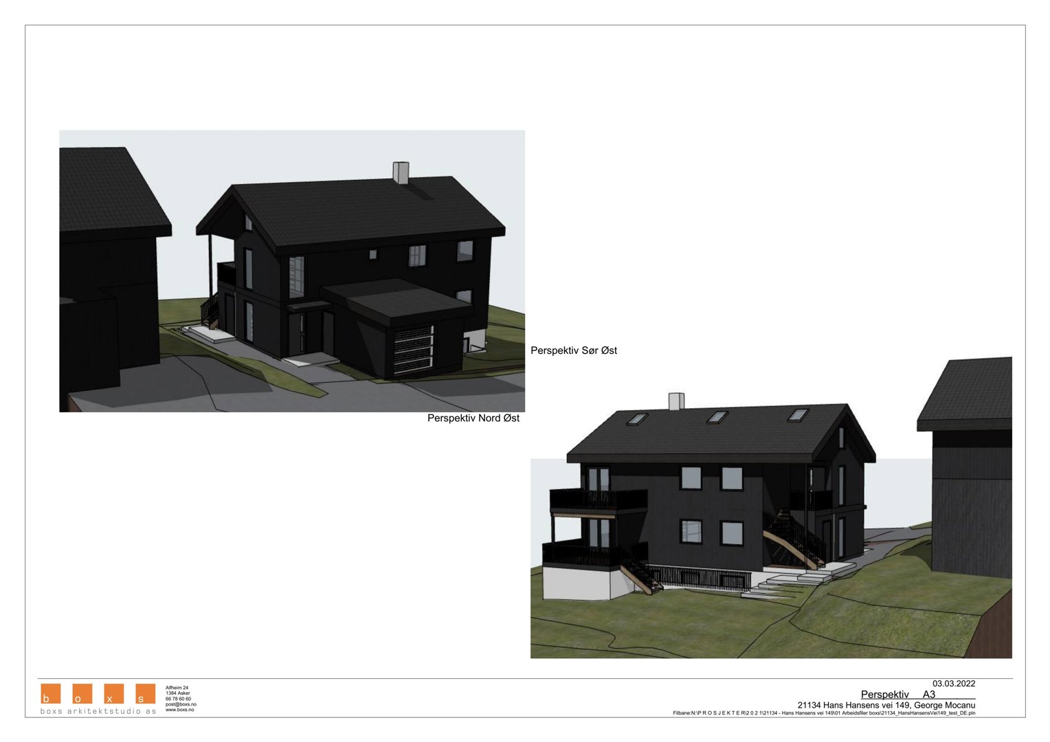 3D-visualisering av en bolig med to perspektivvisninger (Nord-Øst og Sør-Øst).