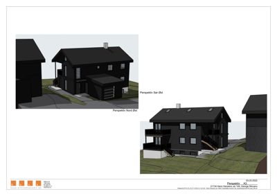 3D-visualisering av en bolig med to perspektivvisninger (Nord-Øst og Sør-Øst).