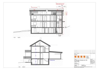 Bildet viser to snittegninger (Snitt A1 og Snitt B) av en bolig, som illustrerer bygningens tverrsnitt, etasjer og innvendige rom.