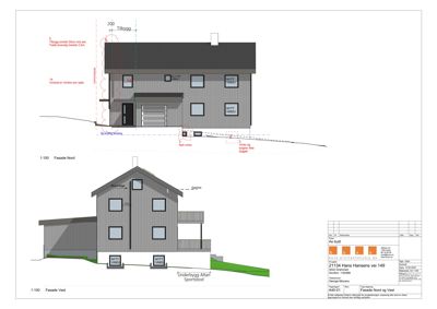 Fasadetegning som viser bygningens utseende fra nord og vest, inkludert mål og detaljer.