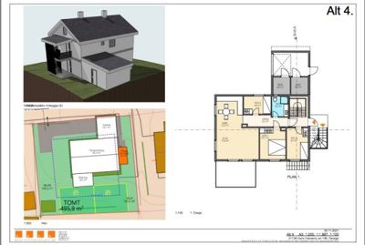 Bildet viser en samling tegninger inkludert etasjeplan (plan 1), en situasjonsplan med tomteavstikkning, og en 3D-visualisering av bygningen.