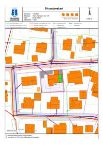 Situasjonskart som viser eiendomsnummer, adresse, nabolagsgrenser og bygningsplassering.