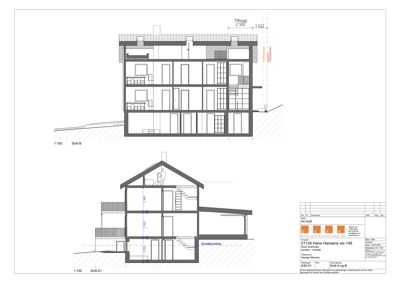 Bildet viser to snittegninger (Snitt B og Snitt A1) av en bygning, som illustrerer tverrsnittet, høyder og romfordeling.