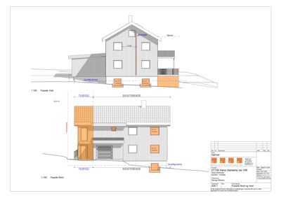 Fasadetegning som viser bygningens utseende sett fra nord og vest, inkludert mål og eksisterende/tilbygg.