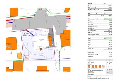 Situasjonsplan som viser tomtens grenser, naboeiendommer, bygningens plassering og arealoppdeling.