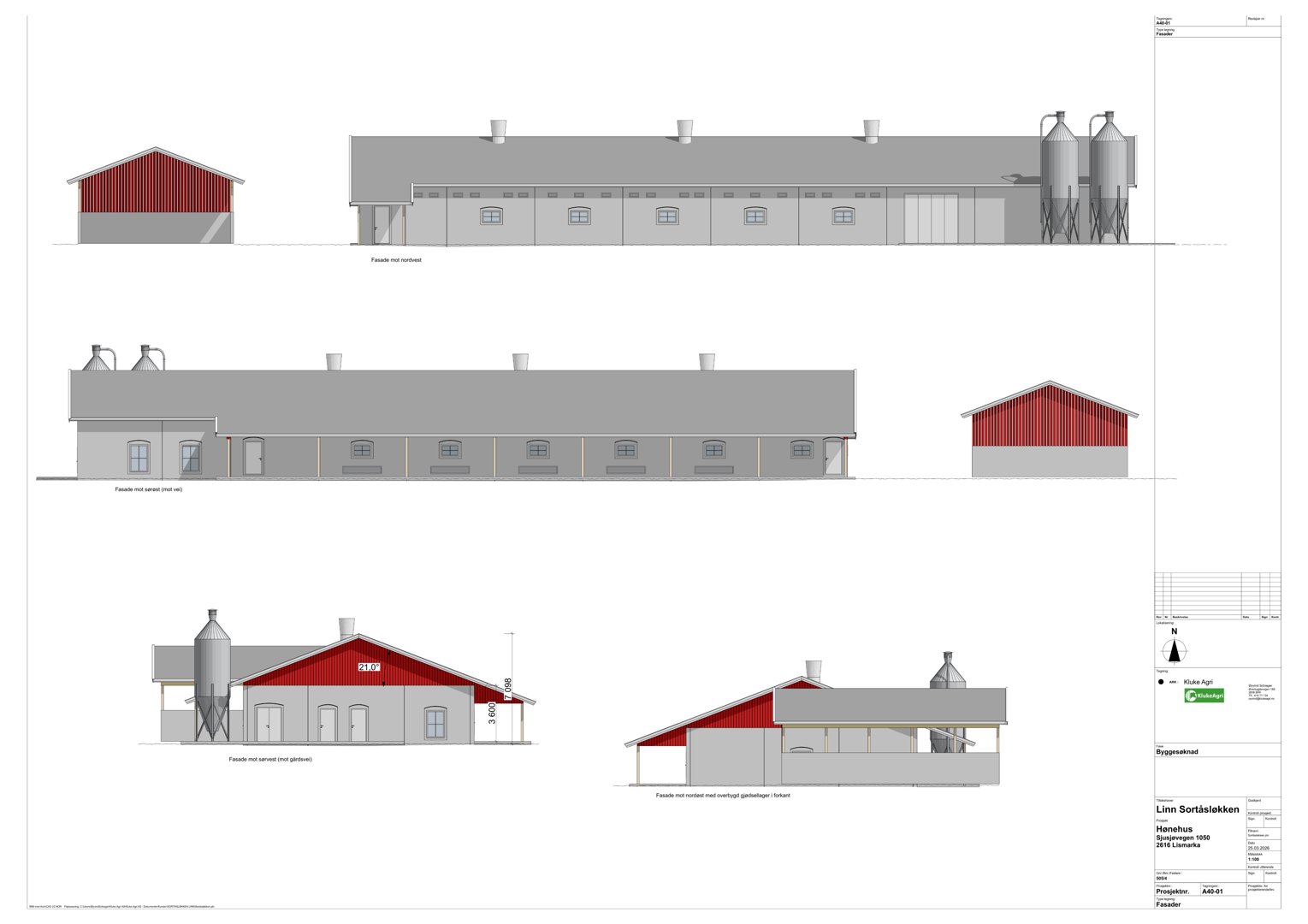 Fasadetegning som viser bygningens utsyn fra flere vinkler (front, side, og vinkel), inkludert detaljer som vinduer, dører, takform og tilhørende siloer.