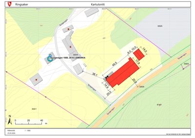 Kartutsnitt (situasjonsplan) som viser tomtens beliggenhet, høyder, nabotomter og veier.