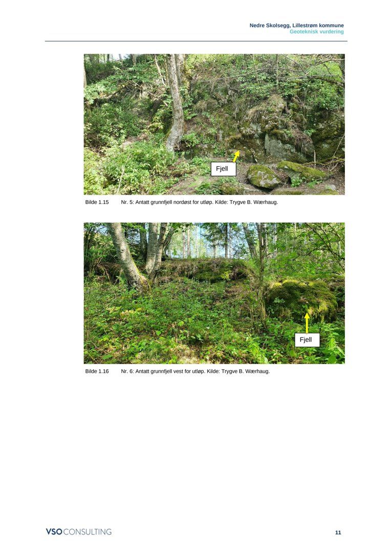 Fotografier av et terreng med fjellblokker, merket med 'Fjell' og pil. Bildene er del av en geoteknisk vurdering.