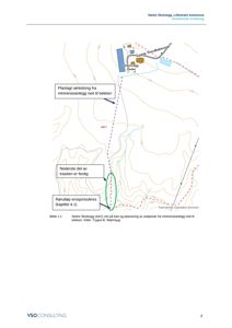 Kart som viser topografi (konturlinjer), eksisterende og planlagt infrastruktur (rørledninger, bekker) i Nedre Skolsøgg.