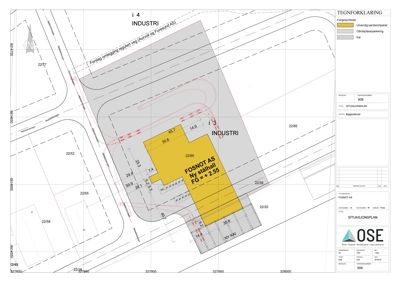 Situasjonsplan som viser bygningens plassering i forhold til vei, naboeiendommer og arealbruk.
