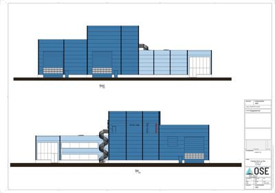 Fasadetegning som viser bygningens utseende sett fra Nord og Sør.