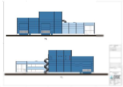 Fasadetegning som viser bygningens utseende sett fra Nord og Sør.