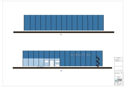 Fasadetegning som viser bygningens utseende fra utsiden, inkludert vinduer, inngang og fasadematerialer.