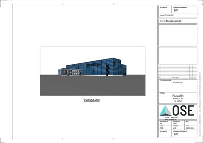 3D-perspektivtegning av en planlagt bygning (FOSNOT AS) med arkitektoniske detaljer.