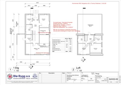 Plantegning som viser romfordeling og mål for eksisterende og planlagt bolig på 1. etasje og loft.