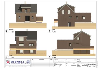 Fasadetegning som viser bygningens utseende fra fire sider (Nord, Øst, Sør, Vest) med detaljer om vinduer, dører og takform.