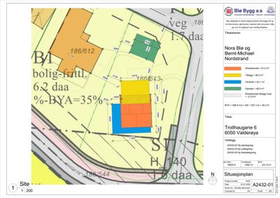 Situasjonplan som viser tomtens grenser, eksisterende og nytt bygg, garasje, veranda samt BYA (Bygningsareal) beregning.