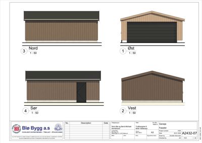 Fasadetegning som viser bygningens utsyn fra alle fire sider (Nord, Øst, Sør, Vest) med skala 1:50.
