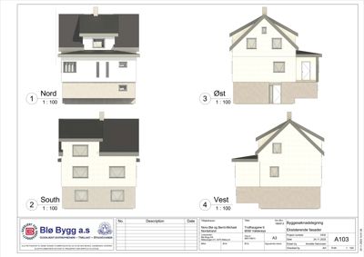 Fasadetegning som viser bygningens utsyn fra fire sider: Nord, Øst, South og Vest.