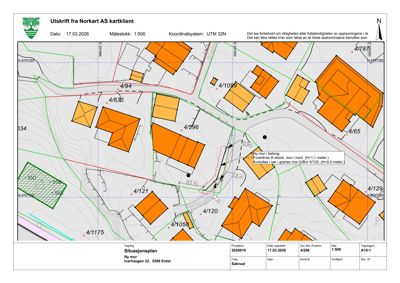 Situasjonsplan som viser tomtedeling, eiendomsgrenser, høydemålerlinjer og en planlagt ny mur.