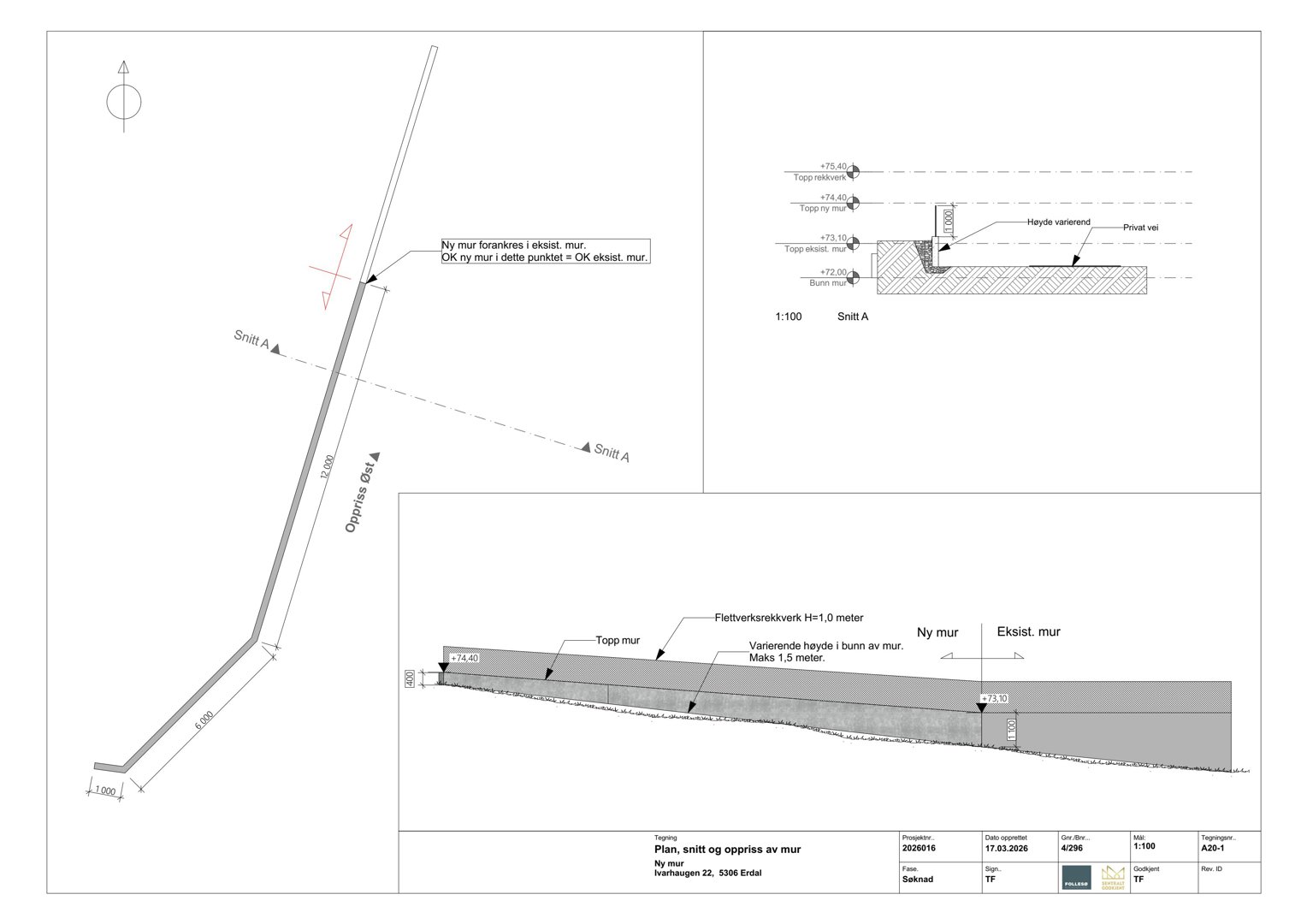 Tegning som viser snitt gjennom en ny mur og eksisterende mur, med oppgitt høyder og konstruksjonsdetaljer.