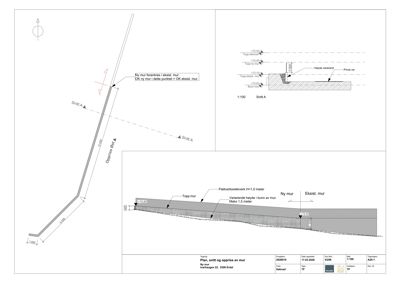 Tegning som viser snitt gjennom en ny mur og eksisterende mur, med oppgitt høyder og konstruksjonsdetaljer.
