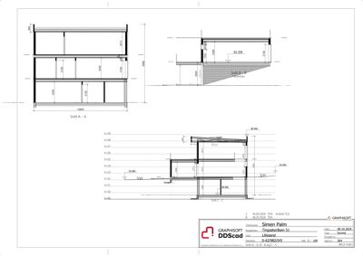 Snittegning (Snitt A-A, B-B og C-C) som viser tverrsnittet gjennom bygningen med høyder, romfordeling og konstruksjonsdetaljer.
