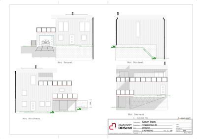 Fasadetegning som viser bygningens utsyn mot Sørøst, Nordøst, Nordvest og Sørvest.