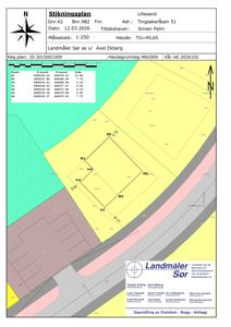 Stikningsplan (situasjonsplan) som viser eiendomsgranser, arealoppdelinger og naboeiendommer.