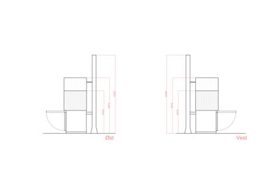 Fasadetegning som viser bygningens utseende sett fra øst og vest med mål.