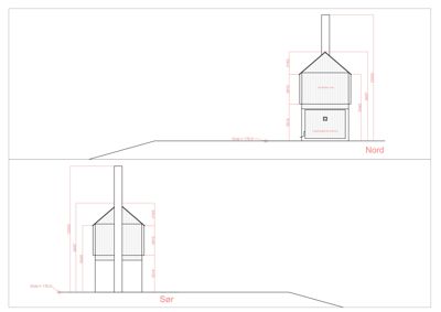 Fasadetegning som viser bygningens utseende sett fra Nord og Sør, med høydemål og orientering.