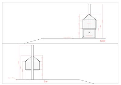 Fasadetegning som viser bygningens utseende sett fra Nord og Sør, med høydemål og orientering.