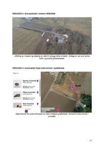 Bildet viser en kartvisning (skjermdump) med overlagte data om kulturminner og grøftetraséer i et landskap.