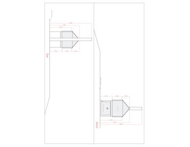 Fasadetegning som viser bygningens utseende sett fra nord og sør med mål.